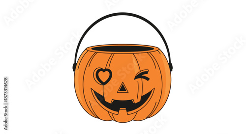Fun Halloween pumpkin bucket illustration featuring a winking jack-o-lantern face with a heart eye ideal for seasonal spooky decorations and icons.