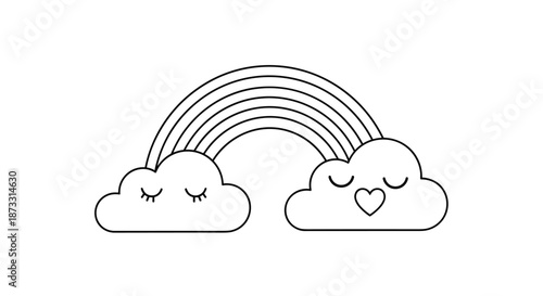 Minimalist line art illustration of a rainbow connecting two sleeping clouds with heart details suitable for kids coloring pages and nursery art.