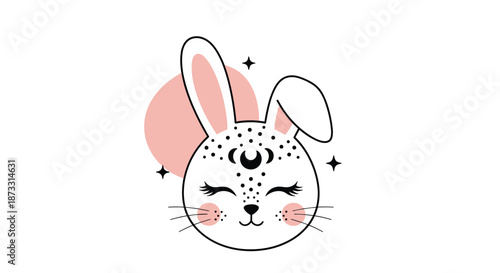 Sweet bunny head design featuring celestial moon and star details with pink cheeks and long eyelashes perfect for baby nursery art and prints.