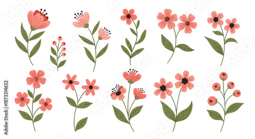 Comprehensive set of hand-drawn pink flowers and berry branches with green leaves perfect for creating romantic floral patterns and stationery.