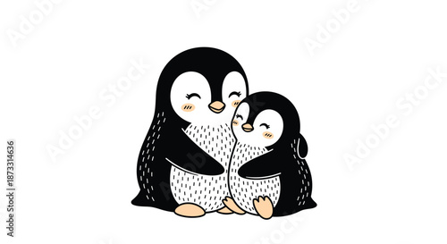 Heartwarming illustration of two penguins sharing a cozy hug with happy expressions and pink cheeks symbolizing love and family and friendship.