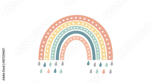 Soft pastel boho rainbow with white dots and colorful raindrops underneath perfect for nursery wall art and modern Scandinavian children's decor.