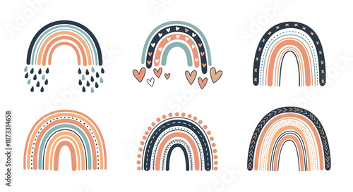Collection of six bohemian style rainbows in earthy tones with decorative elements like hearts and dots suitable for modern nursery art designs.
