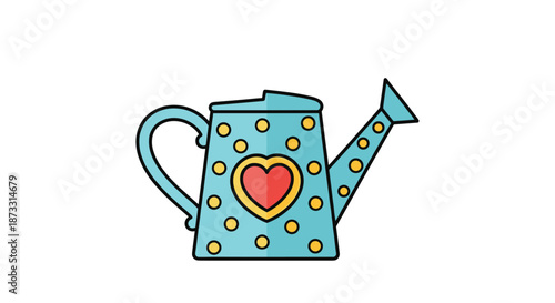 Charming blue watering can decorated with yellow polka dots and a red heart inside a yellow circle perfect for gardening-themed graphic designs.