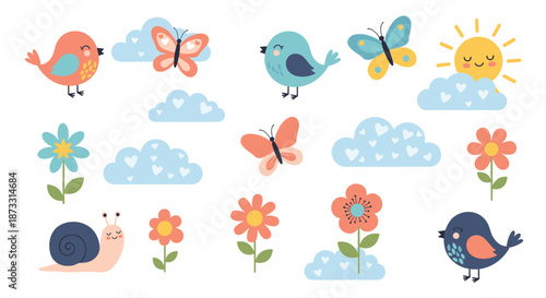 Cheerful collection of spring-themed elements including birds and butterflies and flowers and a snail ideal for children's greeting card designs.