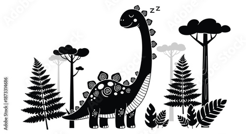 Black and white silhouette of a dinosaur in a prehistoric forest with ferns and trees perfect for children's room wall art and science projects.