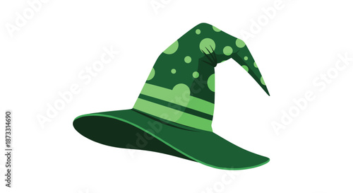 Classic green wizard or witch hat with light green polka dots and a tattered brim ideal for Halloween decorations and fantasy-themed icons designs.