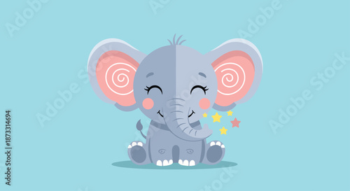 Sweet baby elephant illustration on a soft blue background blowing stars from its trunk with pink ears ideal for nursery prints and cards designs.