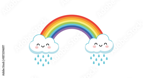 Vibrant rainbow stretching between two happy smiling clouds with colorful raindrops perfect for cheerful and optimistic children's design projects.