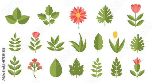 Large set of various green leaves and colorful flowers in a flat design style for nature and botanical themes.