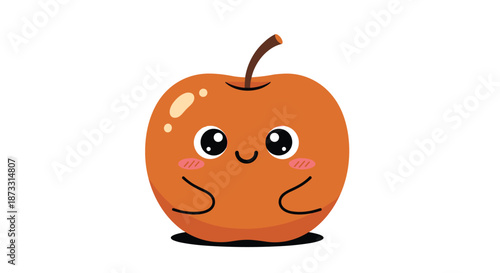 Kawaii red apple character with a sweet smiling face pink cheeks and tiny hands in a simple cute fruit illustration.
