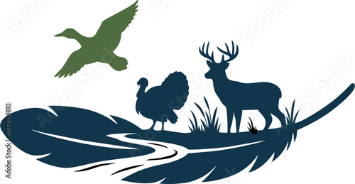 Illustration of a blue and green deer turkey waterfowl	