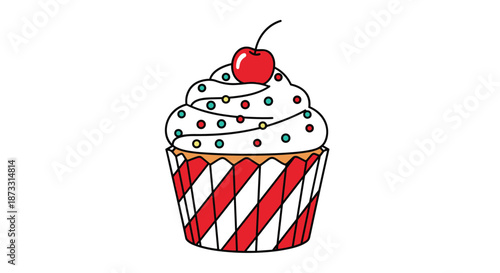 Festive cupcake with swirled icing topped with a bright red cherry and colorful sprinkles in a striped red wrapper.