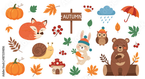 Cute autumn animal set with a fox bear bunny and owl surrounded by pumpkins leaves mushrooms and fall decorations.