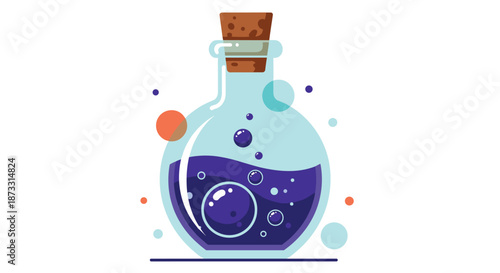 Glass bottle filled with bubbling purple magic potion and corked with a wooden stopper in a fantasy art style.