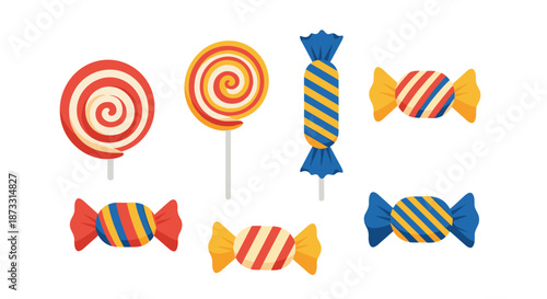 Collection of various colorful lollipops and wrapped candies with stripes and swirl patterns for sweet treat themes.