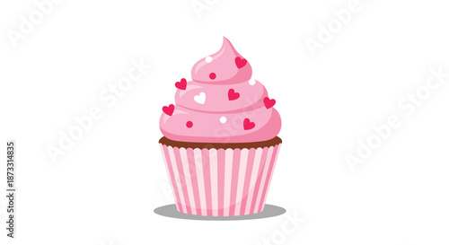 Pink swirled icing cupcake decorated with red and white hearts in a striped pink wrapper for valentine themes.