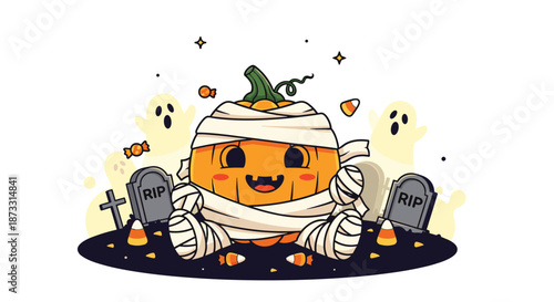 Happy pumpkin character wrapped in bandages like a mummy sitting in a graveyard with ghosts and candy for halloween.