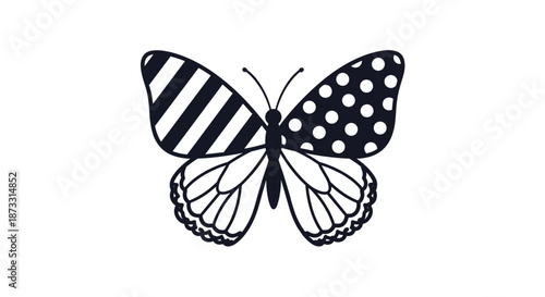 Detailed black and white butterfly line art featuring contrasting striped and polka dot patterns on its upper wings.