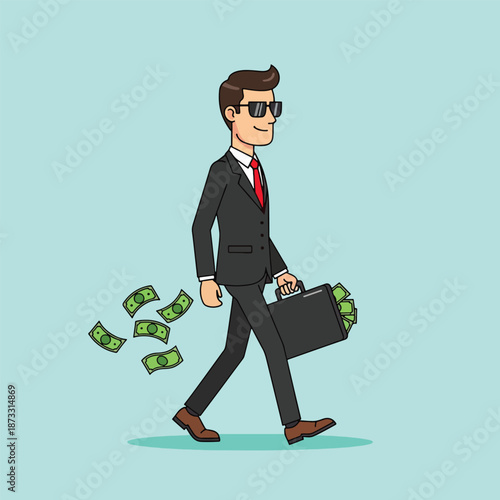 Businessman walking with a briefcase full of money symbolizing financial success.