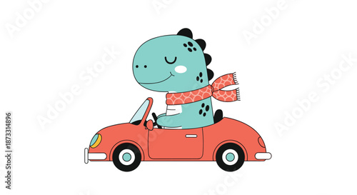 Fun cartoon dinosaur driving a red convertible car and wearing a patterned scarf for a playful children adventure illustration.