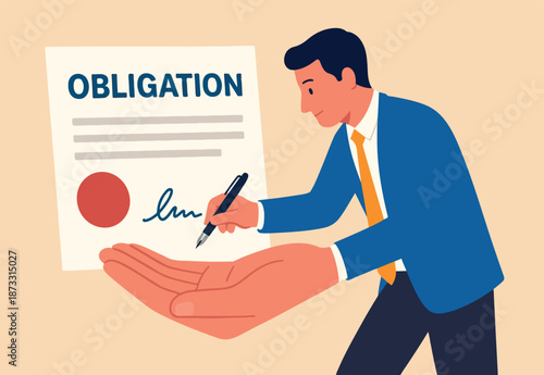 Obligation, debt or bank loan responsible to pay back with interest rate, legal money credit or borrowing document with signature concept, businessman signing signature on obligation banking document.