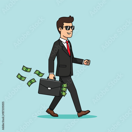 Businessman walking with money falling out of his briefcase.