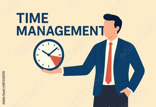 Time management, efficiency, productivity to finish work, delegation, finish tasks, prioritize responsibility, manage schedule, planning concept, businessman holding time clock with pie chart routine.