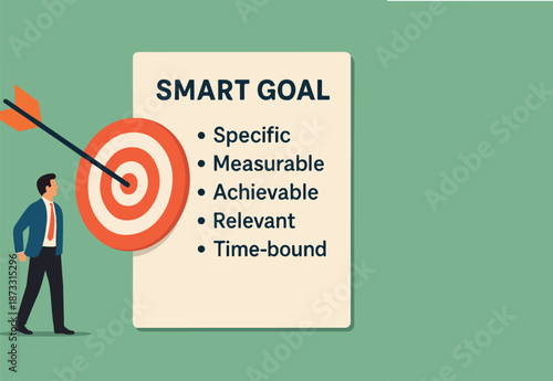 Setting SMART goal, acronym with specific, measurable, achievable, relevant and time, planning for realistic target concept, arrow bow hit bullseye with note paper written business SMART goal.