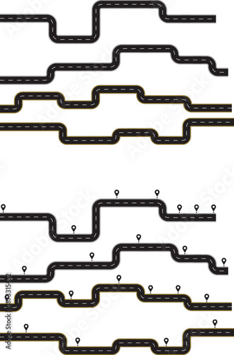 City road and highway top view. Transport icons. Aerial view of asphalt street and Road from above with footpaths and crossroads. Circle, Roundabout and curve roadway parts of single and double roads.