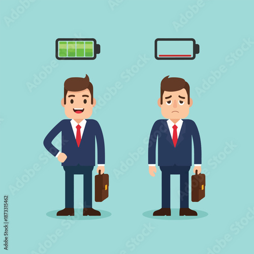 Businessman with full and low battery showing energy levels.