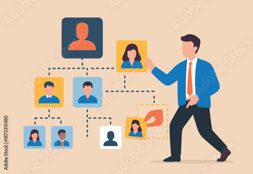 Reorganization or reorg to adjust, allocate resources, change team structure for efficiency, restructure organization, department and job roles concept, businessman ceo reorganize employee role chart.