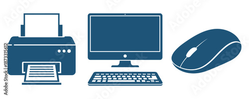 Computer printer mouse keyboard monitor vector illustration set