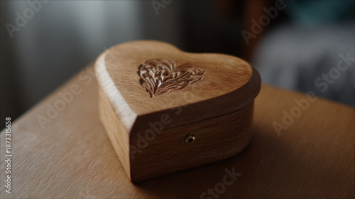 Heart shaped wooden box carved heart eco gift romantic keepsake natural wood engraved lid handcrafted small jewelry warm light minimalist decor. Heart shaped wooden box with carved heart design