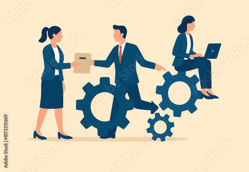 Work delegation, assign responsibility, collaboration task, teamwork efficiency or team productivity, process for manager to delegate work to employee, business teamwork delegate gear collaboration