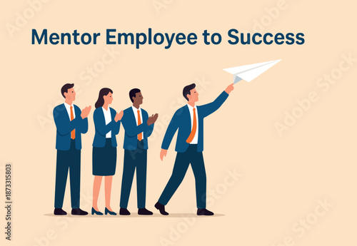 Mentor or support employee to success, manager to help or advice staff to reach goal, work coaching or adviser expert concept, businessman manager launching paper plane origami with team colleagues Ai