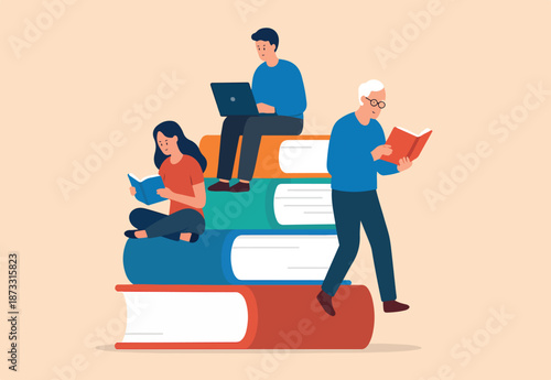 Lifelong learning, self study to motivate and improve skill development, continue learn new knowledge for life long concept, people in different age reading new books and study online on book stacked.