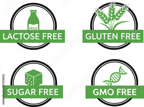 Food label icon set showing lactose free gluten free sugar free and GMO free symbols for healthy nutrition organic products and clean eating packaging design