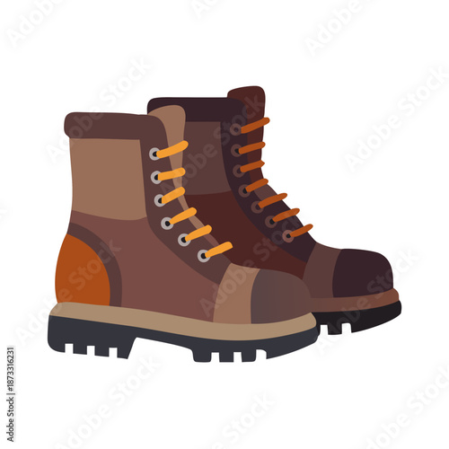 A pair of durable brown hiking boots with vibrant orange laces ready for outdoor adventures Vector