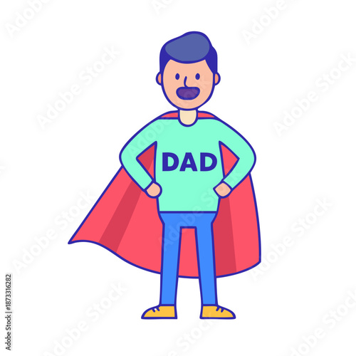 A happy cartoon dad wearing a superhero cape and a "dad" t-shirt, ready for action Vector