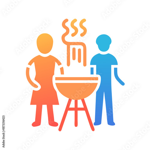 A couple enjoying a vibrant outdoor barbecue cookout preparing delicious grilled food Vector