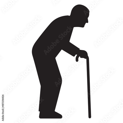 Minimalist Black Silhouette of an Old Person with a Cane
