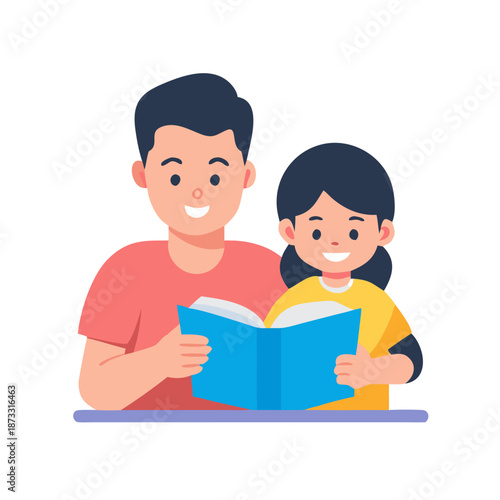 An adult and a young girl happily reading a blue book together, enjoying a moment of shared learning and family bonding. Vector
