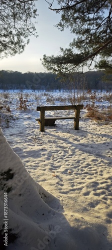 Holzbank in verschneiter Landschaft
