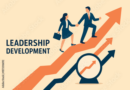 Leadership development, team success or motivation to lead team to reach goal, improvement or progress, growing together concept, businessman and woman team holding hand walk up rising growth arrow.