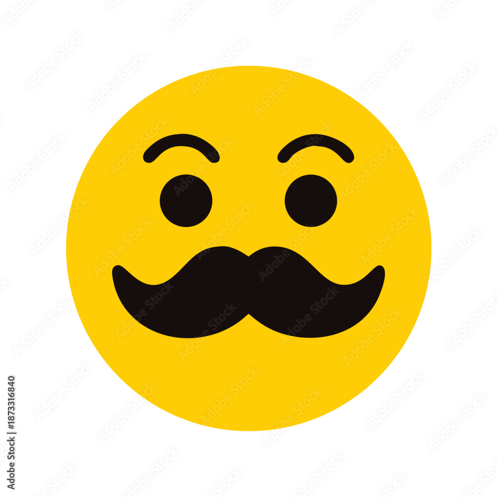 Fototapeta premium Yellow emoji with a classic black mustache and curious eyebrows conveying a humorous expression Vector