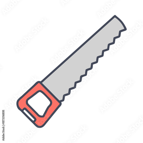 Classic hand saw illustration with a gray blade and vibrant orange handle for construction work Vector