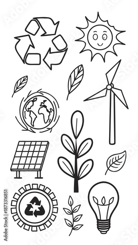 Eco Friendly Doodle Icons | Sustainability & Green Living Line Art Vector.