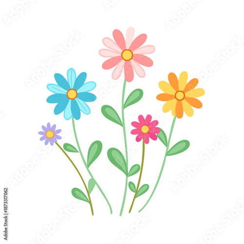 Colorful blooming cartoon flowers illustration on a pristine white background Vector