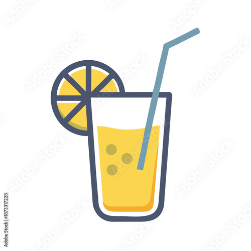 A refreshing glass of lemonade with a straw and a bright lemon slice icon Vector
